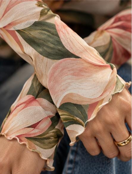 Pink Magnolia Mesh Top, Sheer Floral Long Sleeve Mock Neck Shirt — photo 6