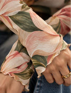 Pink Magnolia Mesh Top, Sheer Floral Long Sleeve Mock Neck Shirt — photo 6