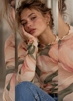 Pink Magnolia Mesh Top, Sheer Floral Long Sleeve Mock Neck Shirt — photo 1