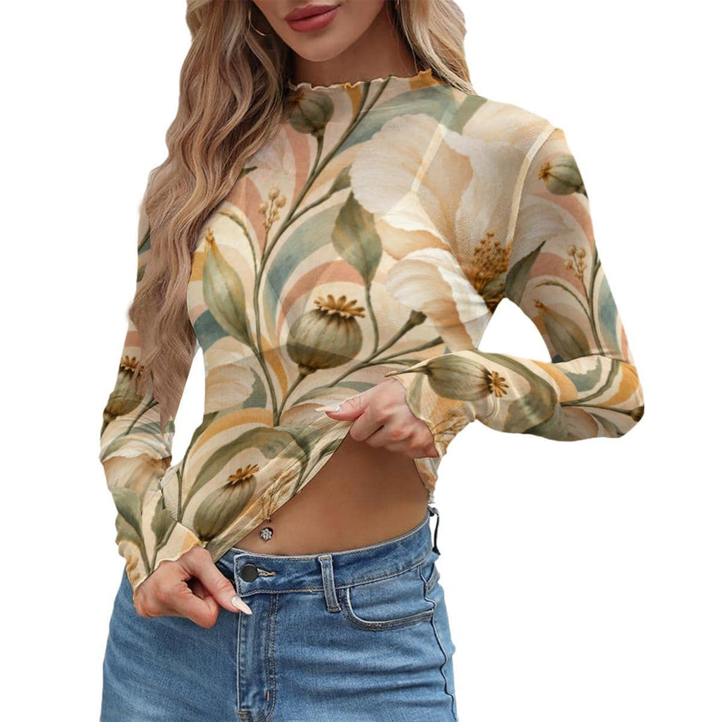 Ivory Botanical Mesh Top, Vintage Floral Sheer Long Sleeve Shirt — photo 2