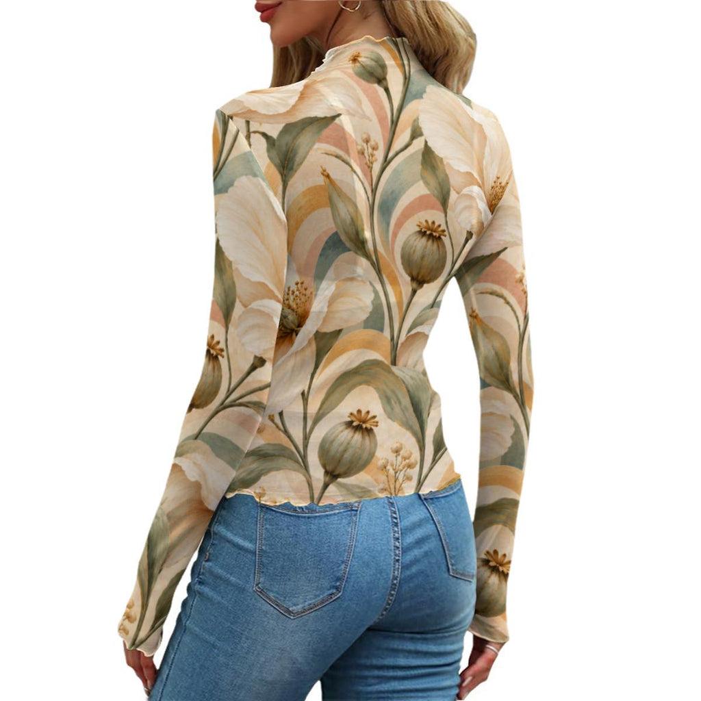 Ivory Botanical Mesh Top, Vintage Floral Sheer Long Sleeve Shirt — photo 12