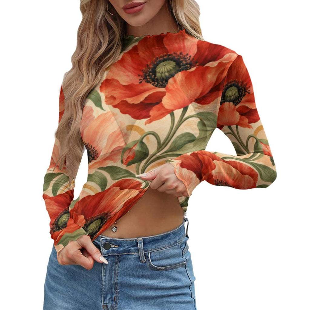 Red Poppy Floral Mesh Top, Sheer Long Sleeve Mock Neck Shirt — photo 3