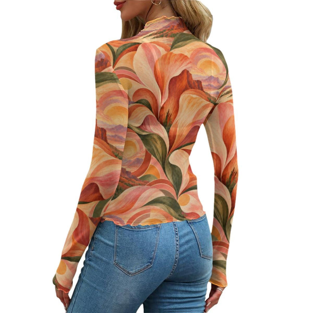 Orange Retro Floral Mesh Top, Sheer Long Sleeve Mock Neck Shirt — photo 16