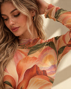Orange Retro Floral Mesh Top, Sheer Long Sleeve Mock Neck Shirt — photo 9
