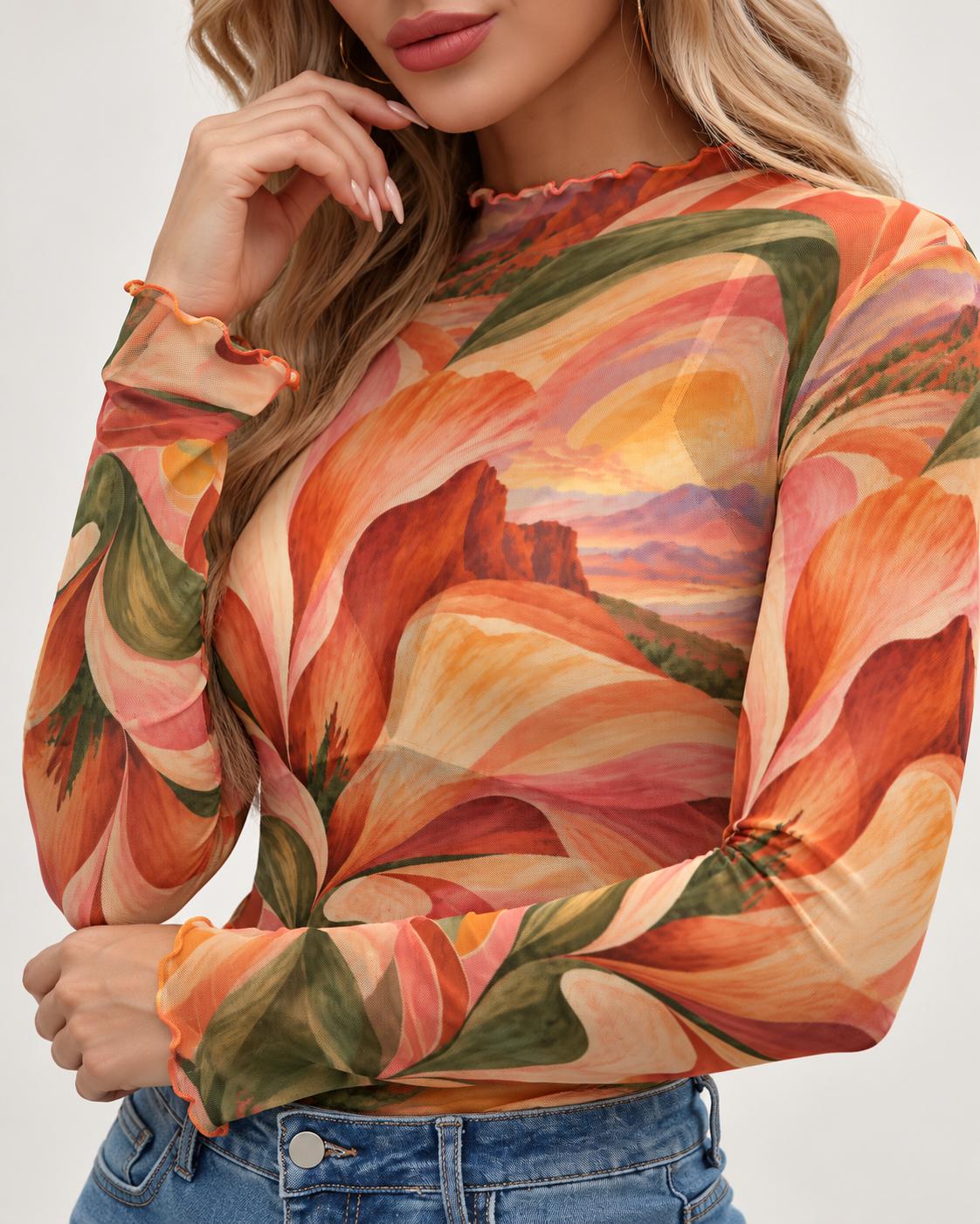 Orange Retro Floral Mesh Top, Sheer Long Sleeve Mock Neck Shirt — photo 2