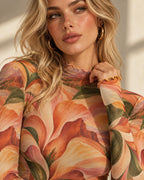 Orange Retro Floral Mesh Top, Sheer Long Sleeve Mock Neck Shirt — photo 4