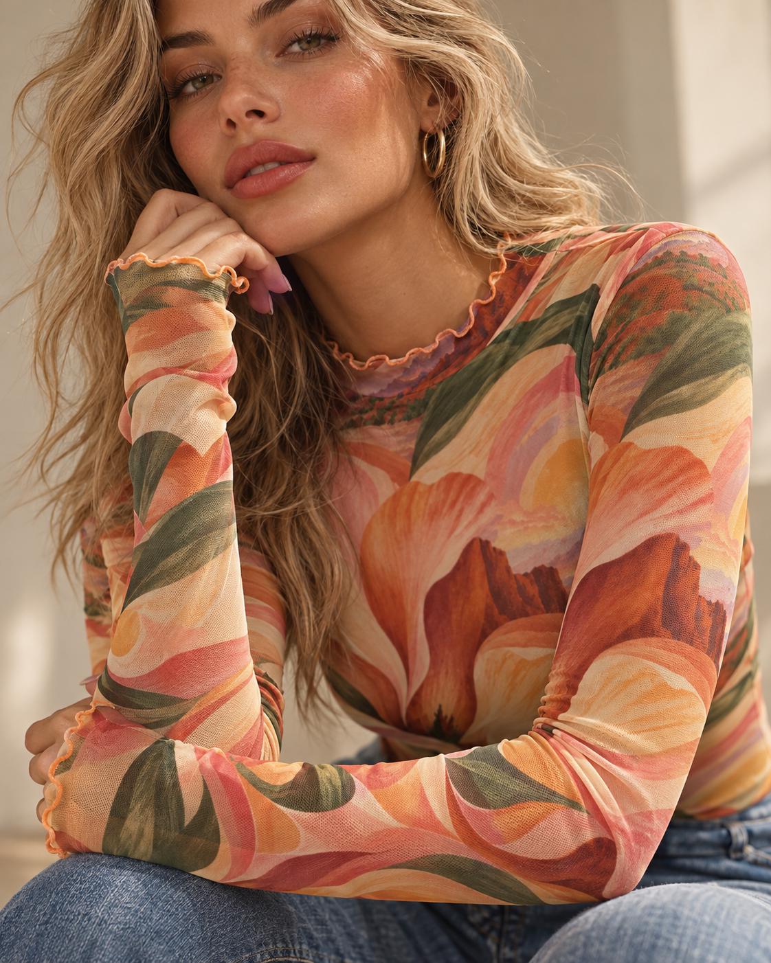 Orange Retro Floral Mesh Top, Sheer Long Sleeve Mock Neck Shirt — photo 6
