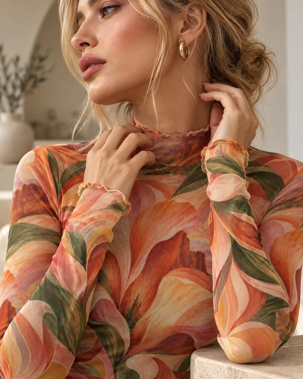 Orange Retro Floral Mesh Top, Sheer Long Sleeve Mock Neck Shirt — photo 1