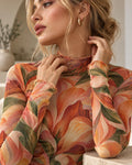 Orange Retro Floral Mesh Top, Sheer Long Sleeve Mock Neck Shirt — photo 1