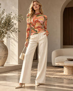 Orange Retro Floral Mesh Top, Sheer Long Sleeve Mock Neck Shirt — photo 3