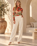 Red Poppy Floral Mesh Top, Sheer Long Sleeve Mock Neck Shirt — photo 4