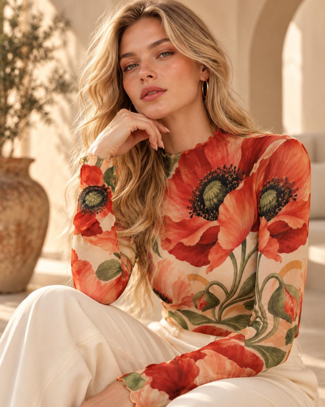 Red Poppy Floral Mesh Top, Sheer Long Sleeve Mock Neck Shirt — photo 9