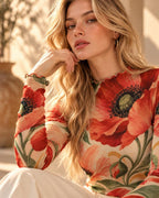 Red Poppy Floral Mesh Top, Sheer Long Sleeve Mock Neck Shirt — photo 5