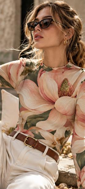 Pink Magnolia Mesh Top, Sheer Floral Long Sleeve Mock Neck Shirt — photo 3