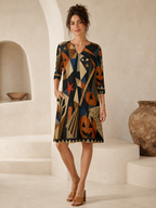 Witchy Geometric 3/4 Sleeve Midi Dress | Orange Black