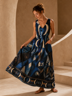 Evil Eye Celestial Maxi Dress with Pockets | Blue V-Neck