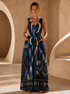 Evil Eye Celestial Maxi Dress with Pockets | Blue V-Neck