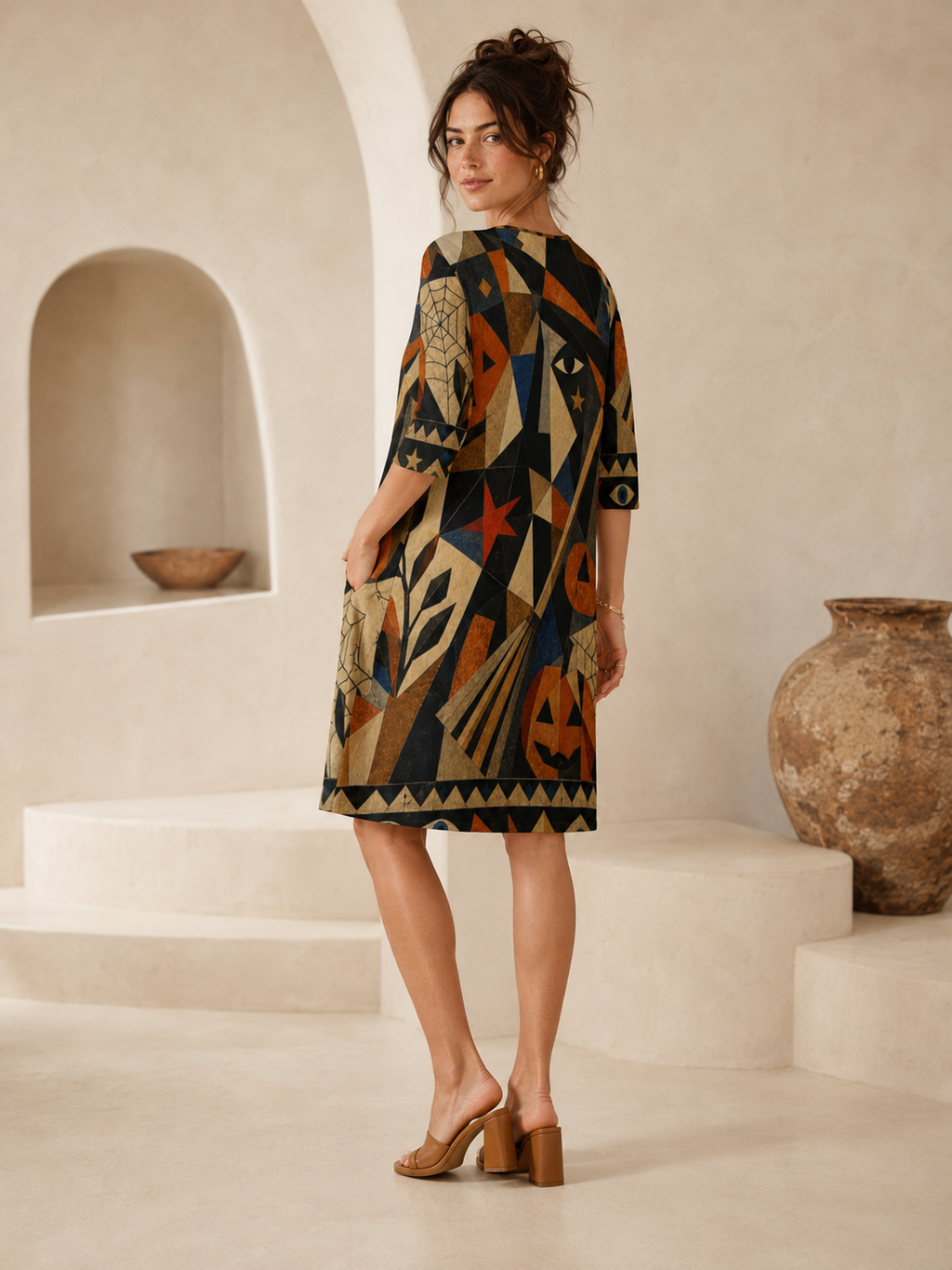 Witchy Geometric 3/4 Sleeve Midi Dress | Orange Black