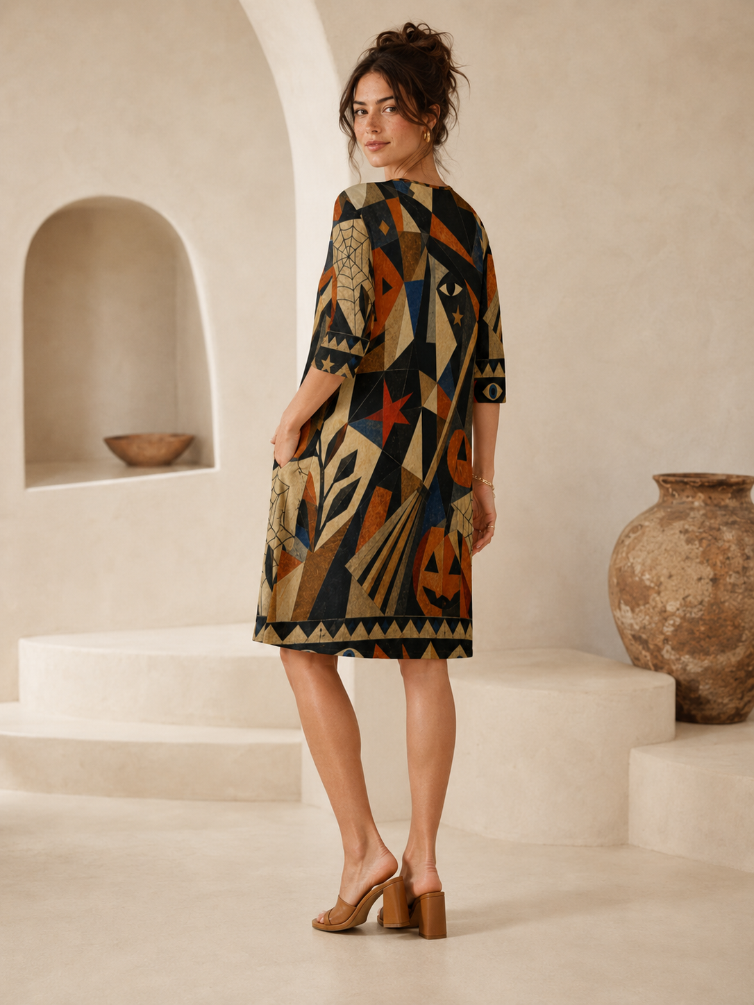 Witchy Geometric 3/4 Sleeve Midi Dress | Orange Black