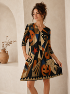 Witchy Geometric 3/4 Sleeve Midi Dress | Orange Black