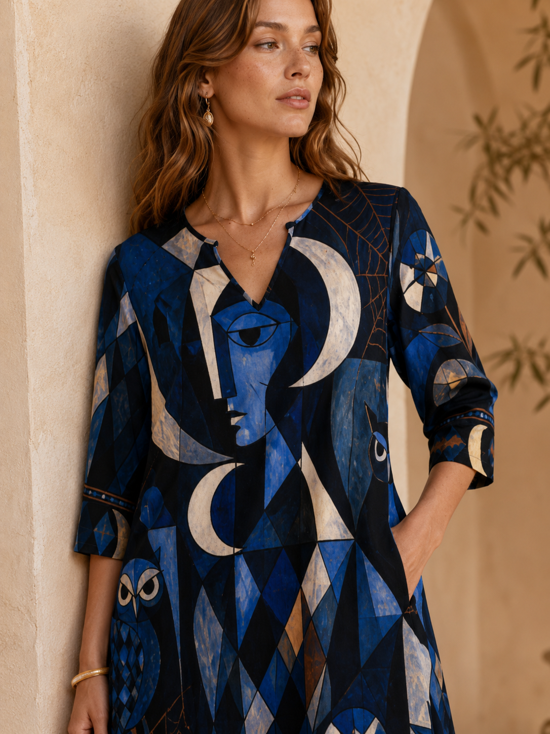 Celestial Moon 3/4 Sleeve Midi Dress | Blue Mystical Print