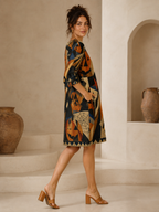 Witchy Geometric 3/4 Sleeve Midi Dress | Orange Black