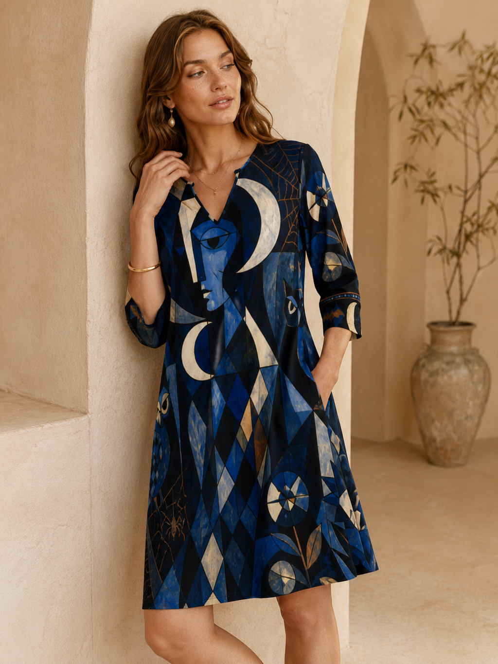Celestial Moon 3/4 Sleeve Midi Dress | Blue Mystical Print