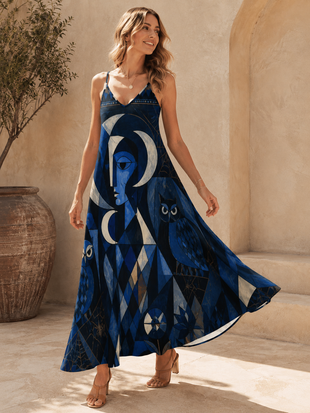 Celestial Art Slip Maxi Dress | Blue Spaghetti Strap Dress