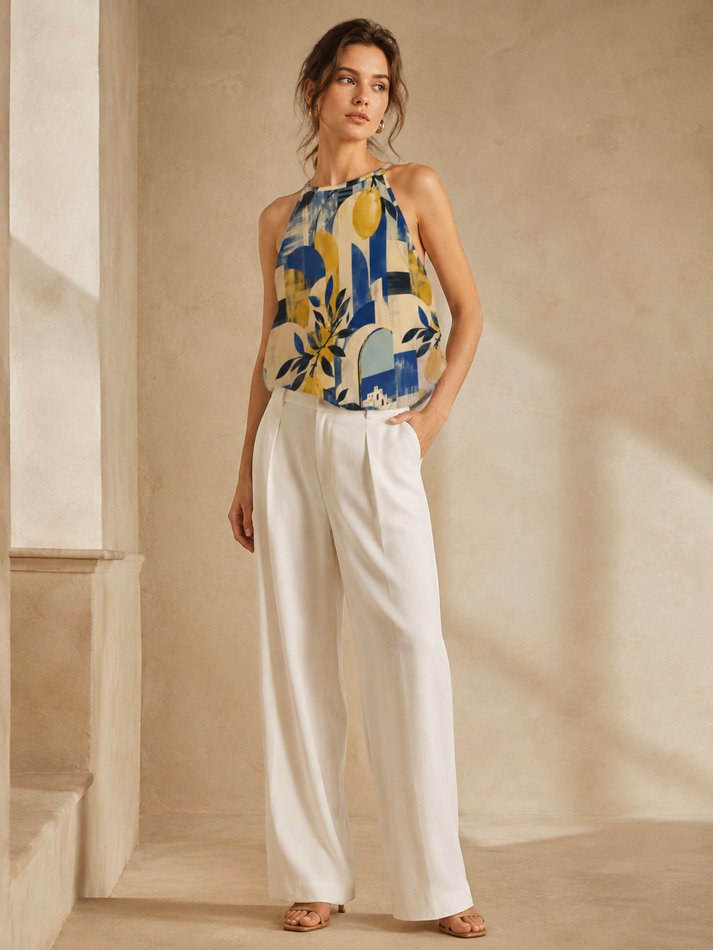 Abstract lemon art print high neck top styled with wide leg white trousers in a neutral studio