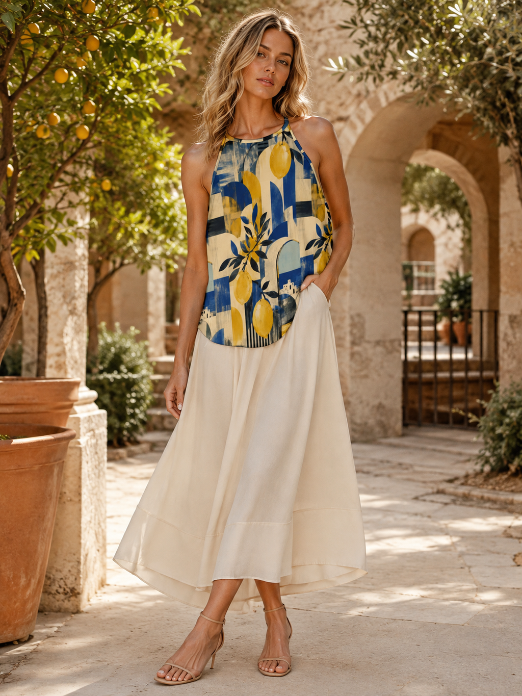 Mediterranean lemon print sleeveless top styled with an ivory skirt in a citrus courtyard