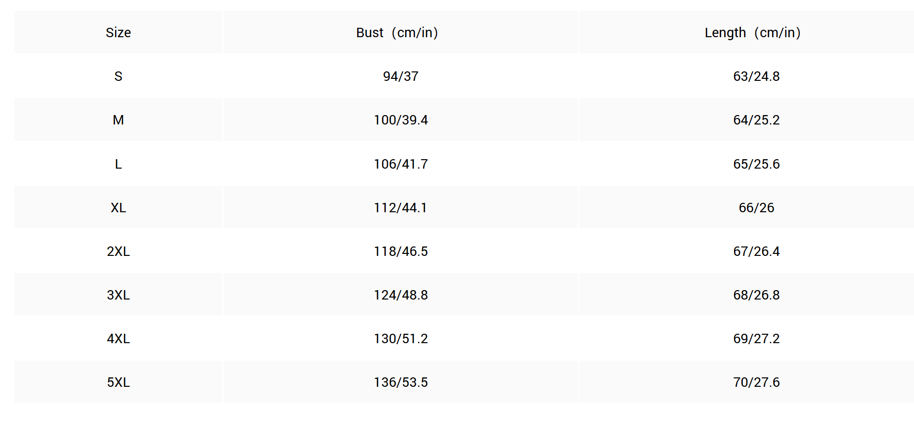 Size chart for Mediterranean lemon print high neck top sizes S to 5XL with bust and length measurements