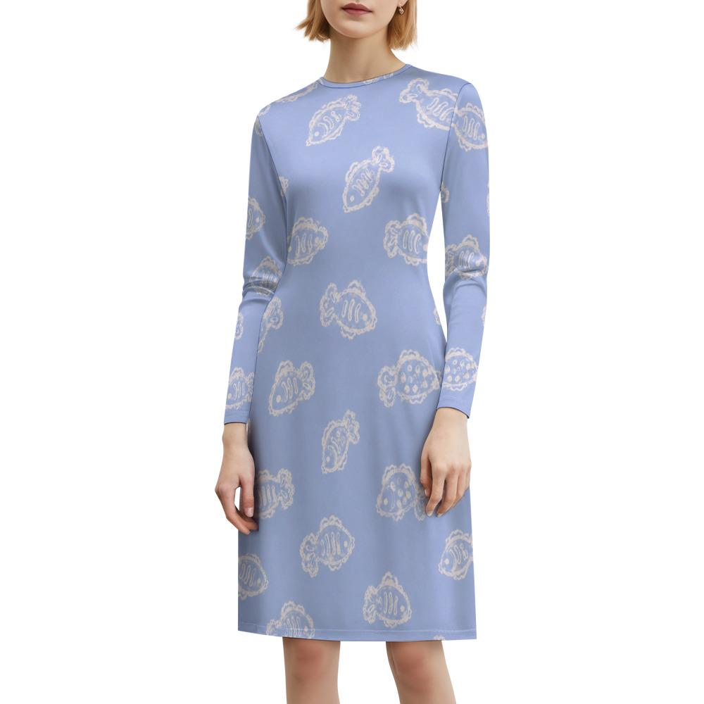 Powder blue fish print long sleeve dress