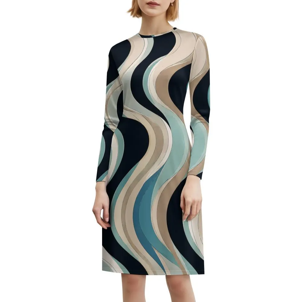 Teal beige black abstract wave long sleeve dress