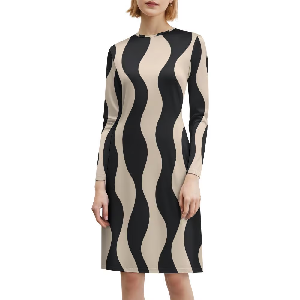 Black beige wave long sleeve dress