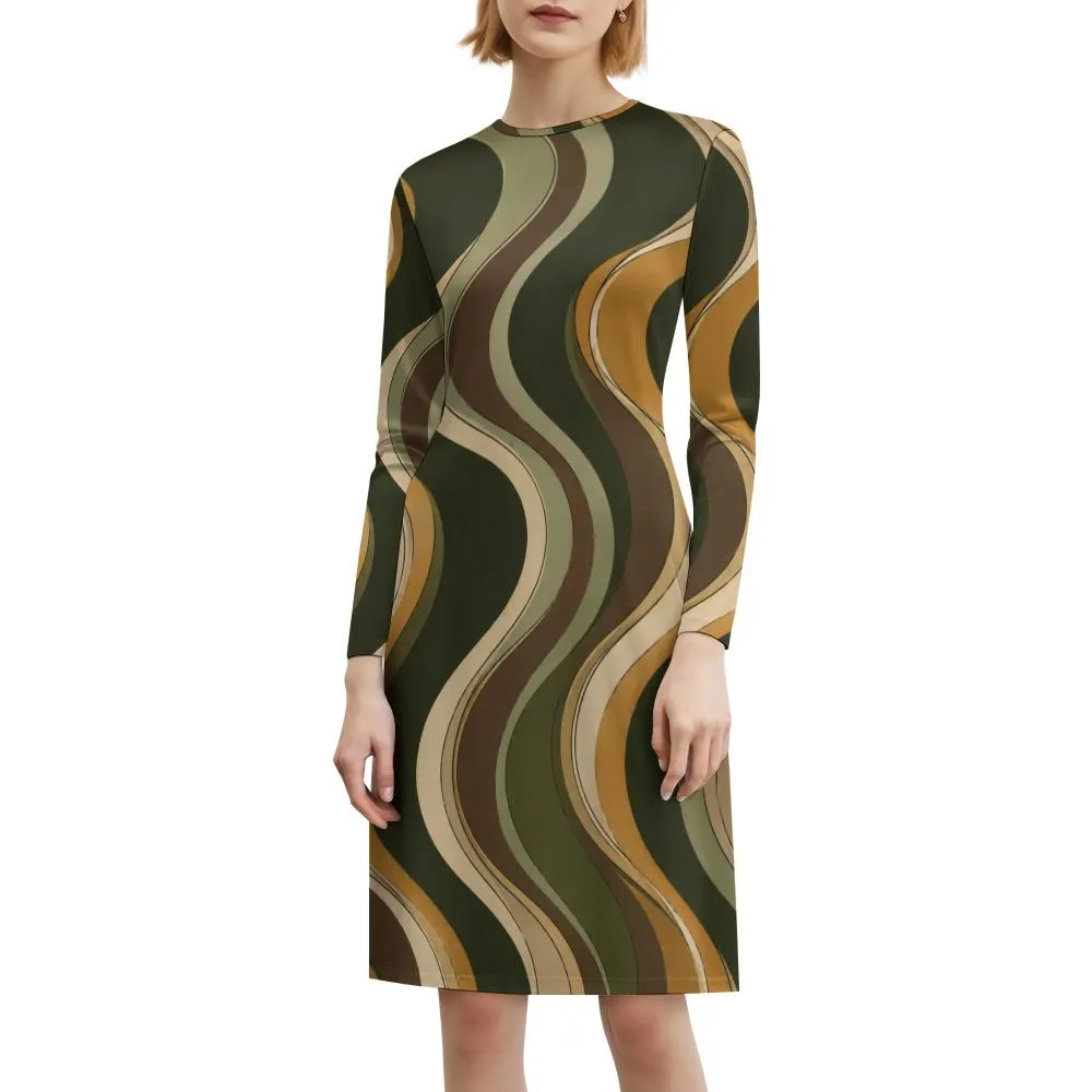 70s retro wave olive orange long sleeve dress