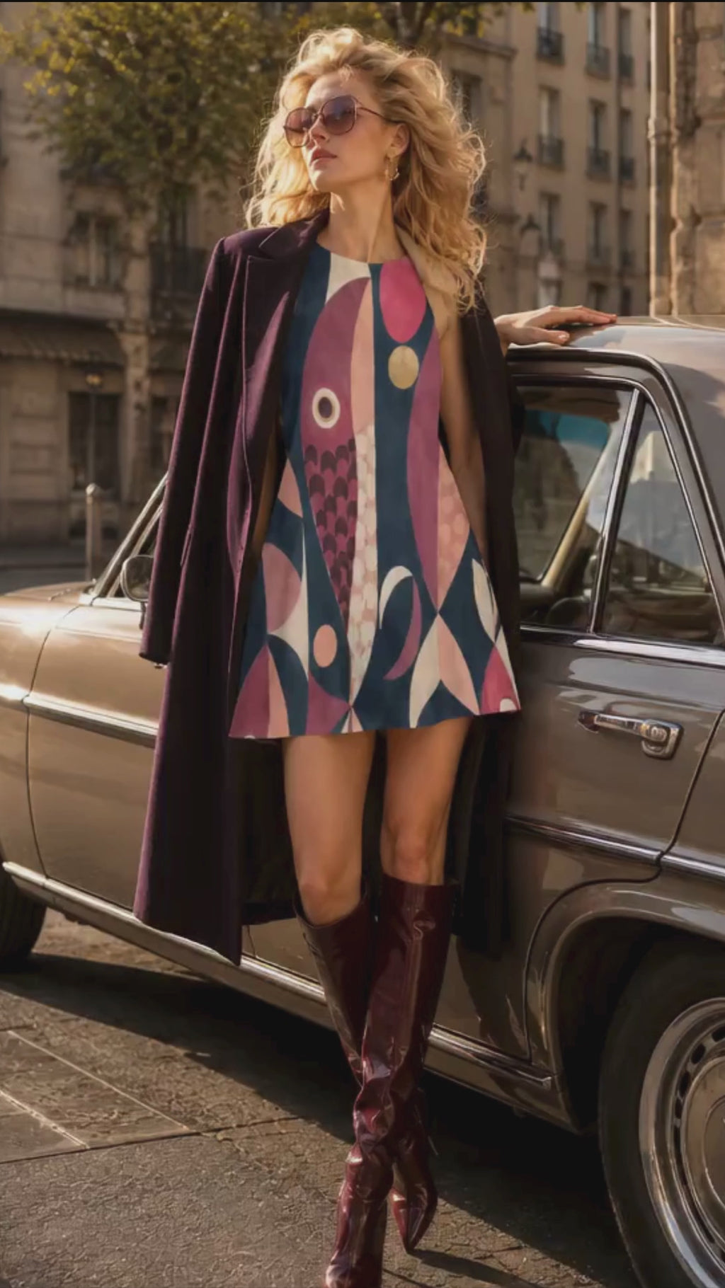 Pink Mid Century Fish Dress, Sleeveless A-Line Pocket Dress, 60s Mod Geometric Print