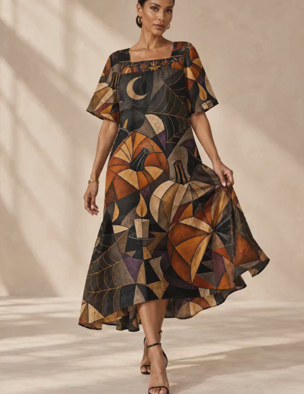 Gothic Halloween Maxi Dress, Geometric Pumpkin Moon Spiderweb Square Neck Dress