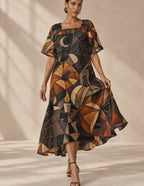 Gothic Halloween Maxi Dress, Geometric Pumpkin Moon Spiderweb Square Neck Dress
