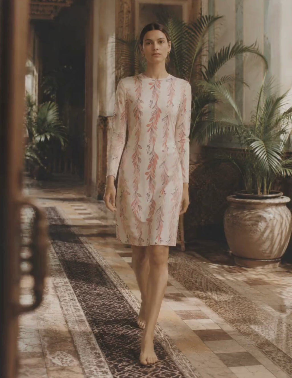 Ivory Botanical Long Sleeve Shift Dress, Watercolor Mini