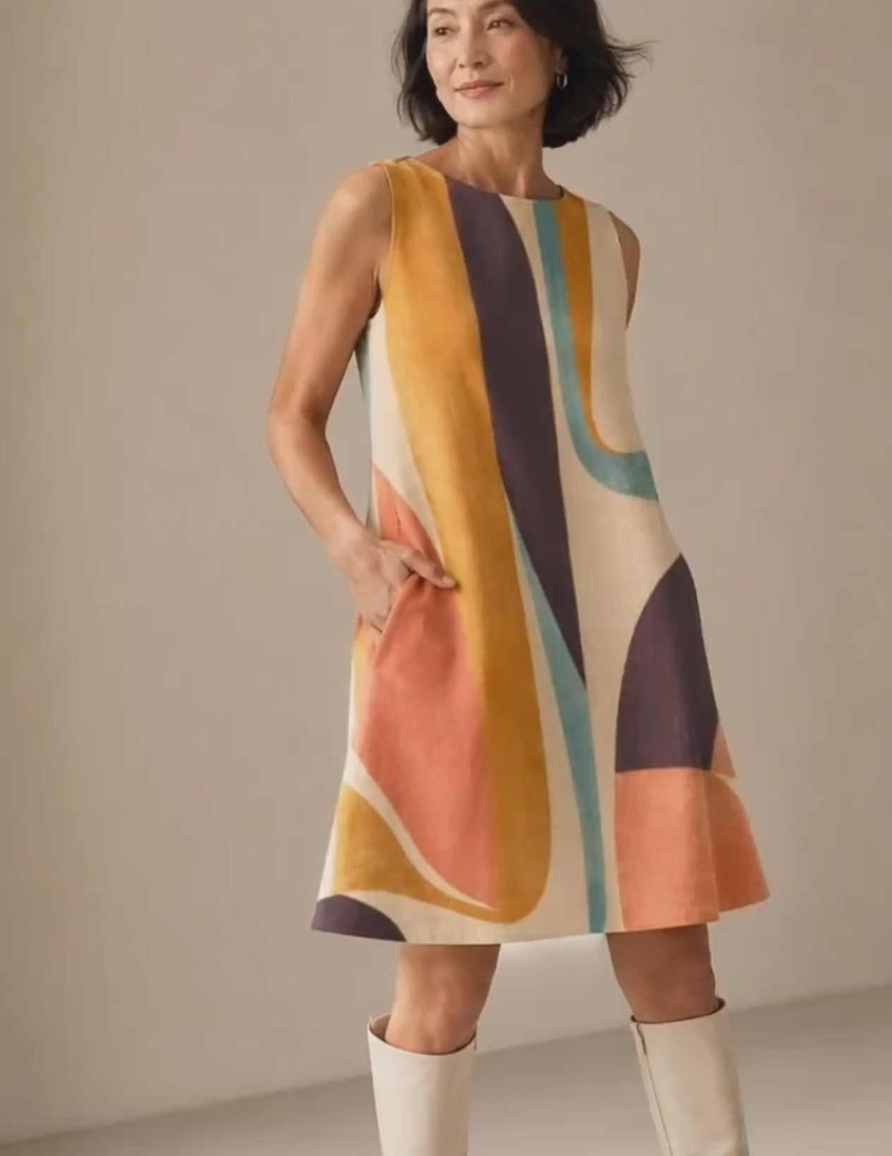 Abstract Print A-Line Mini Dress with Pockets, Retro Resort Summer Style