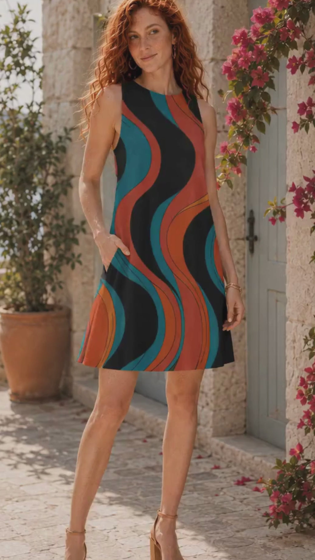 Blue Retro Wave A-Line Mini Dress with Pockets