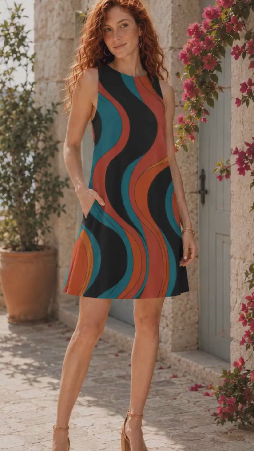 Blue Retro Wave A-Line Mini Dress with Pockets