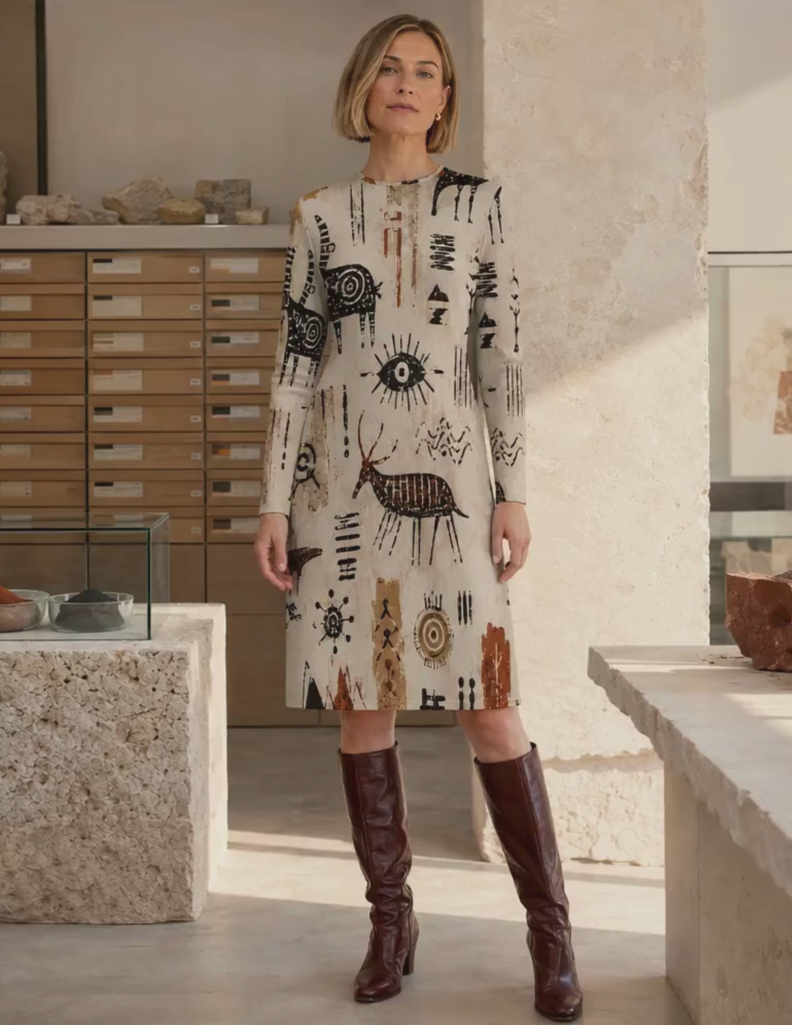 Cave Painting Long Sleeve Dress, Prehistoric Art Mini