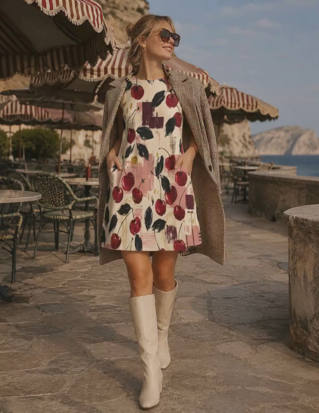 Abstract A-Line Mini Dress with Pockets, Navy Rust Coastal Print