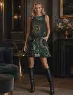 Celestial Moon Dress, Dark Floral A-Line Mini, 60s Retro Tarot Style