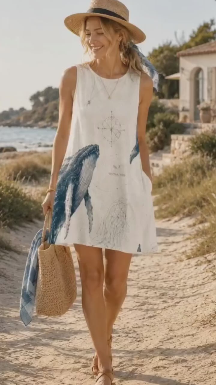 Abstract Print A-Line Mini Dress with Pockets, Retro Resort Summer Style