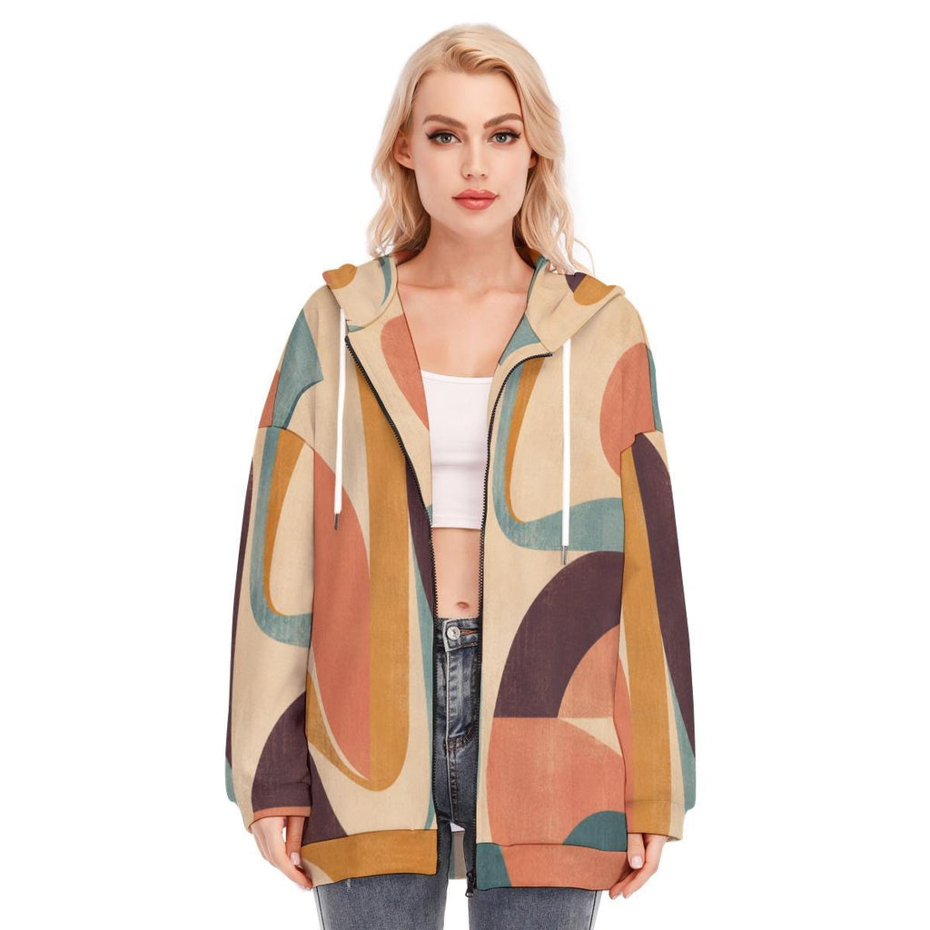 Retro Abstract earth tone zip-up hoodie, product view 11