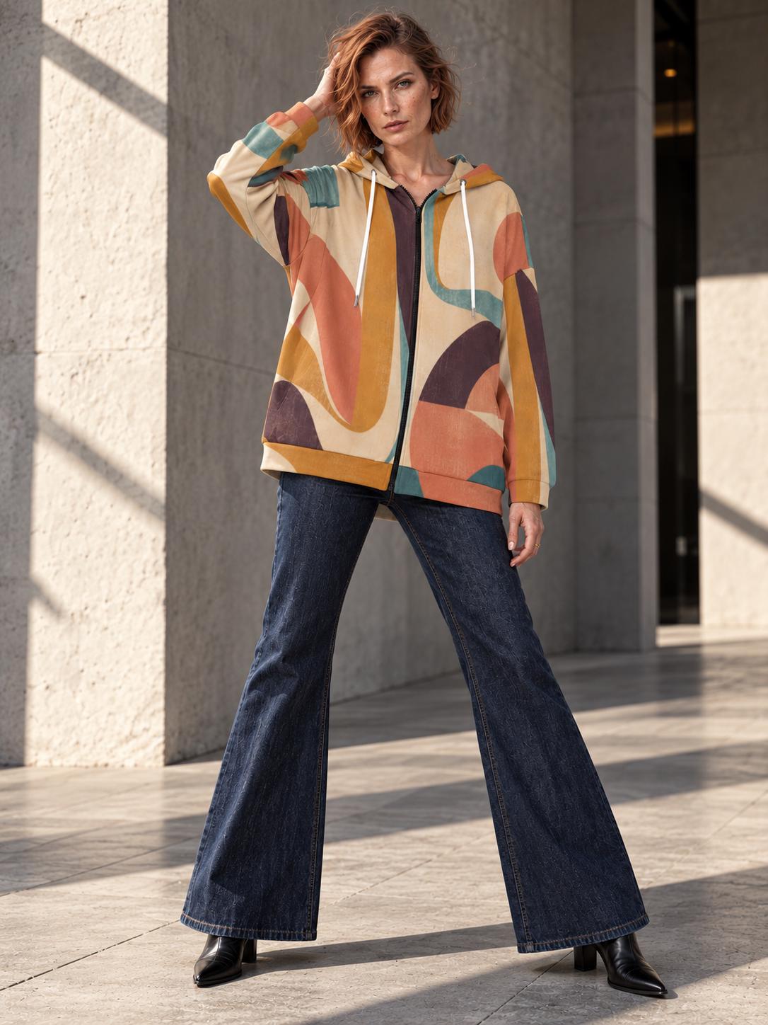 Retro abstract earth-tone longline zip hoodie on model, front editorial view