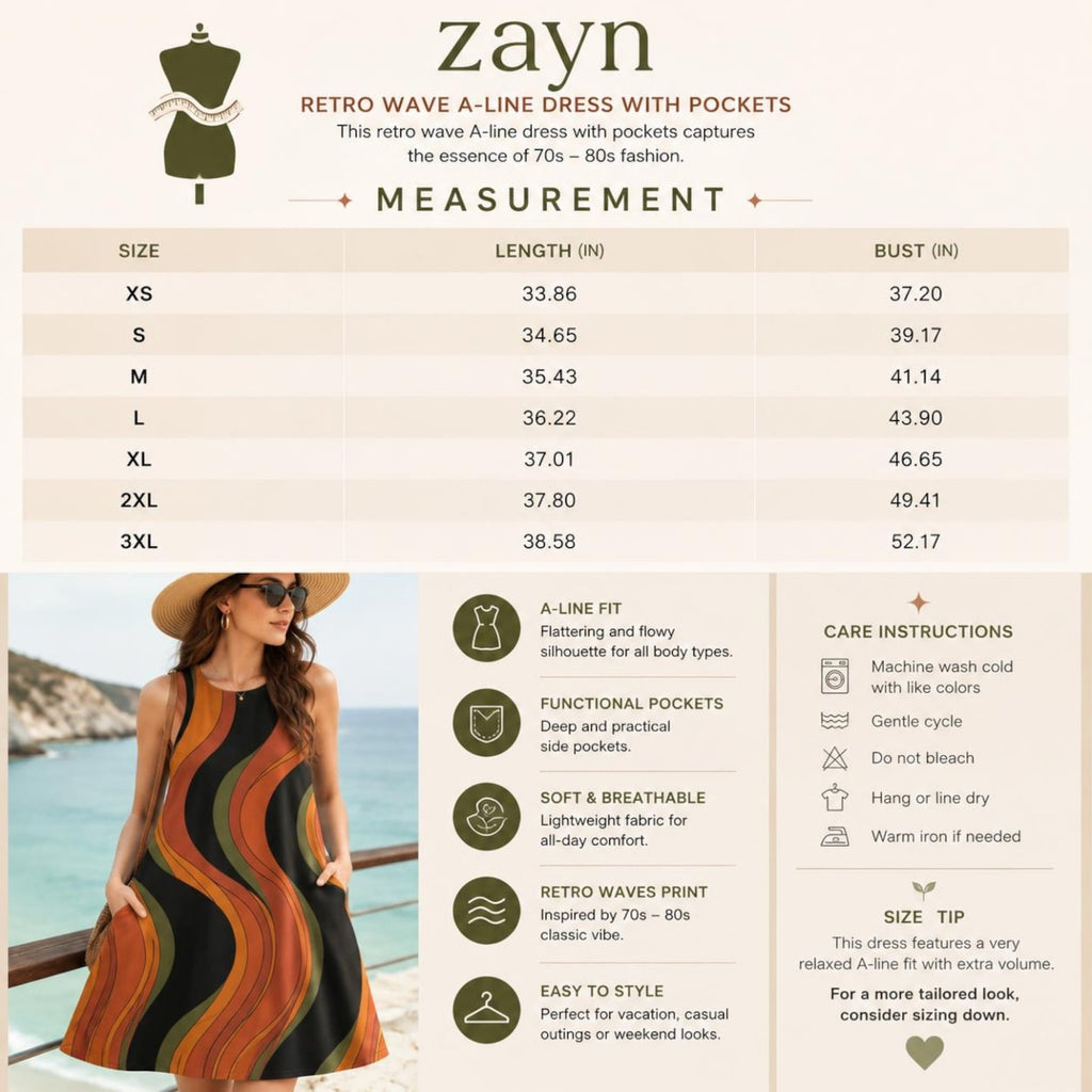 Retro Wave A-Line Dress with Pockets size chart and care instructions