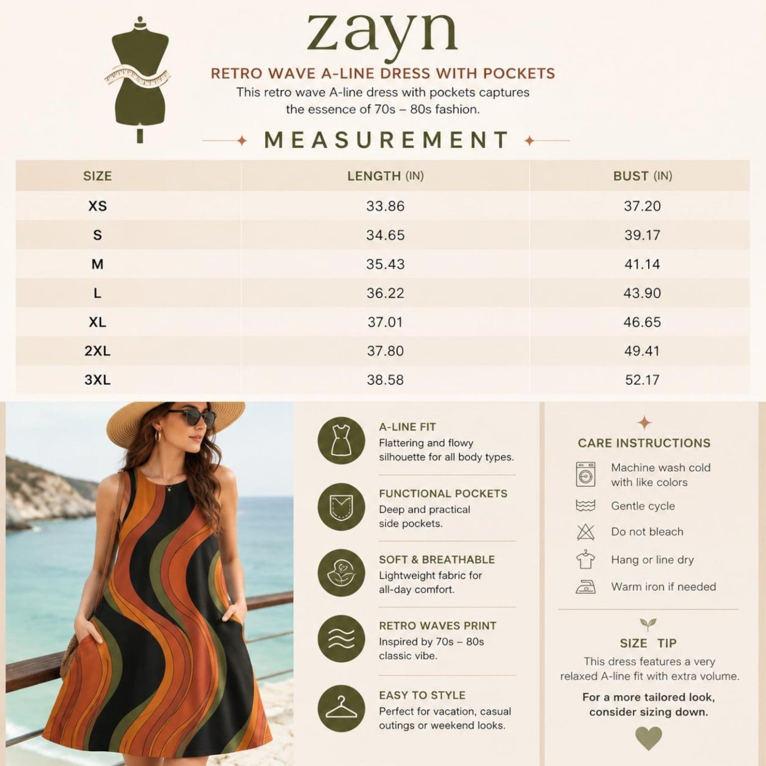 Retro Wave A-Line Dress with Pockets size chart and care instructions